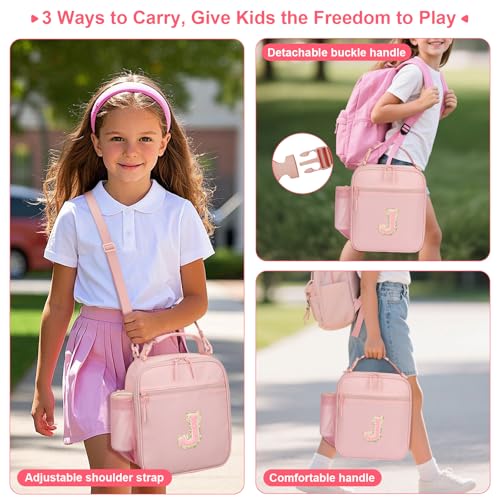 Lunch Box Kids Large Initial Insulated Lunch Bag for Girls (Pink / J)