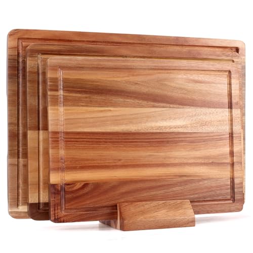 Large Acacia Wood Cutting Board Set of 3 Wooden Chopping Board With Holder (Acacia Wood / 3-Piece Set: 17" x 12", 15" x 11", 13" x 10")