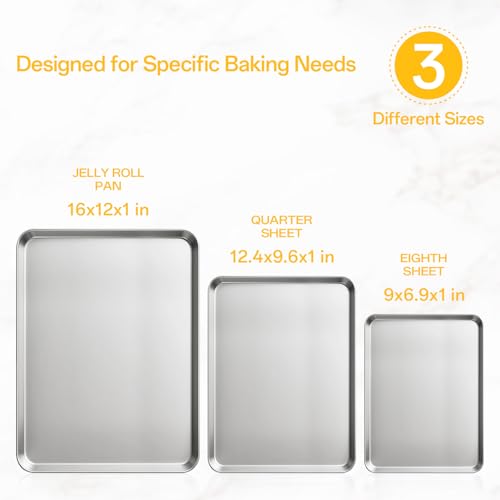 3 Pack Heavy Duty Stainless Steel Baking Sheet Set (Stainless Steel / 9/12/16)
