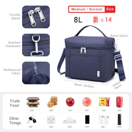NOL 8L Insulated Lunch Bags for Women Cooler Bag Lightweight Nylon Waterproof Lunch Box For Work (Navy Blue / Medium (8 Liters))