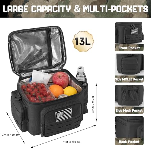 Tactical Lunch Bag for Mens Military Heavy Duty Lunch Box Work Leakproof Insulated Durable Thermal Cooler Bag for Adult Meal for Office Camping Picnic Pail MOLLE Webbing Black (Black / 13L)
