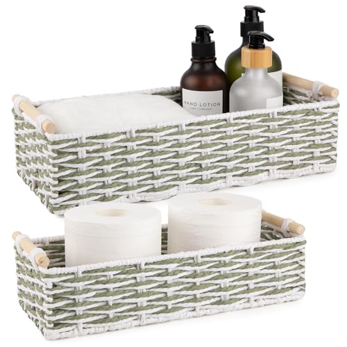 Toilet Paper Baskets Handmade Paper Rope Decorative Wicker Storage Tank Shelf Cabinet Organizer for Bathroom Home (Green & White)