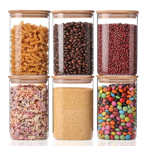 Glass Storage Jars 6 Pack 37oz Clear Glass Food Storage Containers with Airtight Bamboo Lid Stackable Kitchen Canisters for Candy