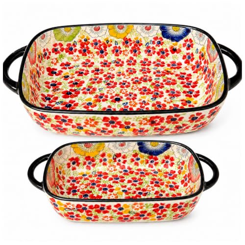 2-Piece Hand-Painted Polish Pottery Style Ceramic Baking Dish Set (Coral Confetti)