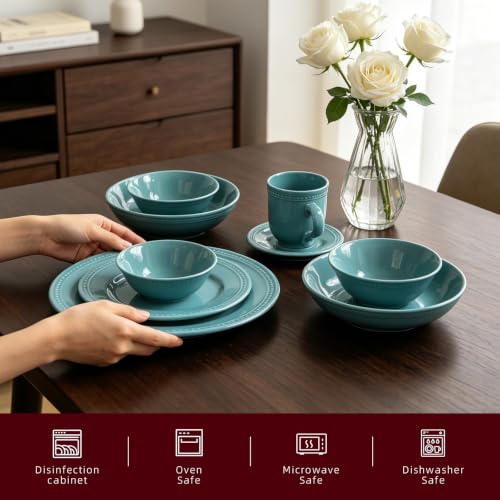 HomeVSS 56 Pc Pearl Dots Stoneware Dinnerware Set (Turquoise)