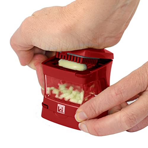 Garlic-A-Peel Garlic Press, Crusher, Cutter, Mincer, and Storage Container - Includes Silicone Garlic Peeler - Easy to Clean - Stainless Steel Blades – (Red), standard (2.5 x 2.5 x 2.8 / Red)