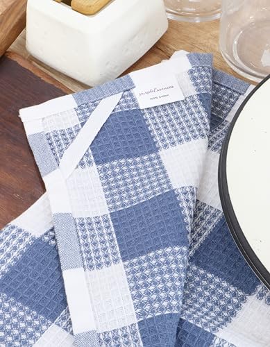 Waffle Weave Plaid Dish Cloth (15 x 25 - 6 Pack / Smoky Blue White)