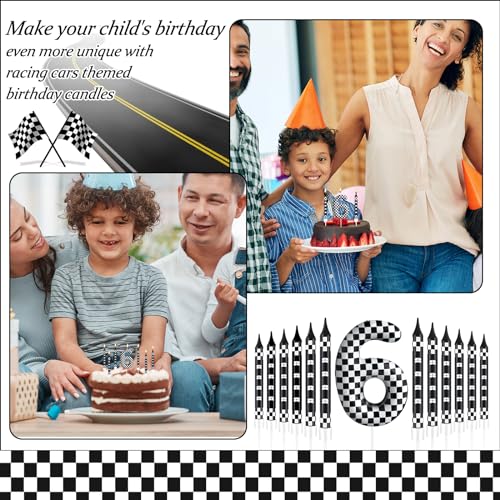 13 Pcs Racing Cars Themed Birthday Candles 12 Black and White Race Number 6 Checkered Candle Cake Topper for Racing Car Party Decoration Supplies (Black+White / 6)