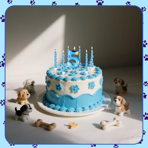 13PCS Blue Dog Paw Birthday Candles Set Cake Topper Numeral Birthday Candles for Boy Girl Dog Paw Decoration (Blue+Yellow+White / 5)