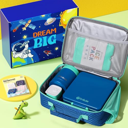 Kids Bento Snack Lunch Box with Thermo Insulated Toddler Lunch Bag (B1.Ink Blue)