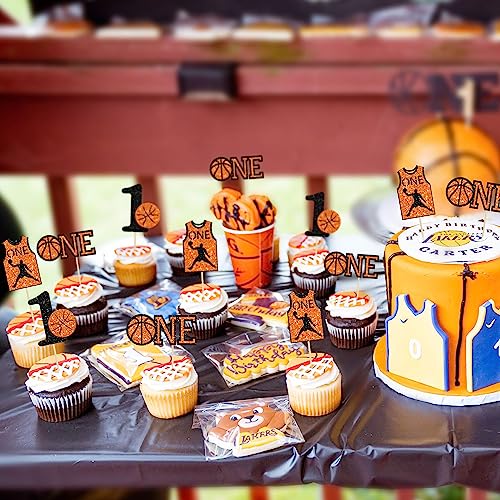 24Pcs Basketball One Cupcake Toppers Glitter Number 1 First Birthday Basketball Cupcake Picks for Sports Theme Baby Shower Kids 1st Birthday Party Cake Decorations Supplies (Style 4)