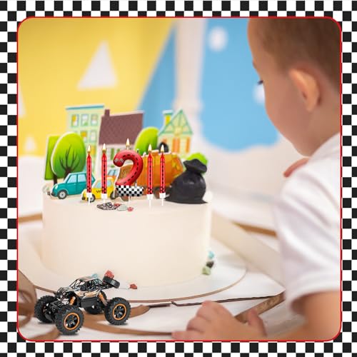 13PCS Racing Car Theme Birthday Candle Set with Checkered Flag Design (Black+White+Red / 2)