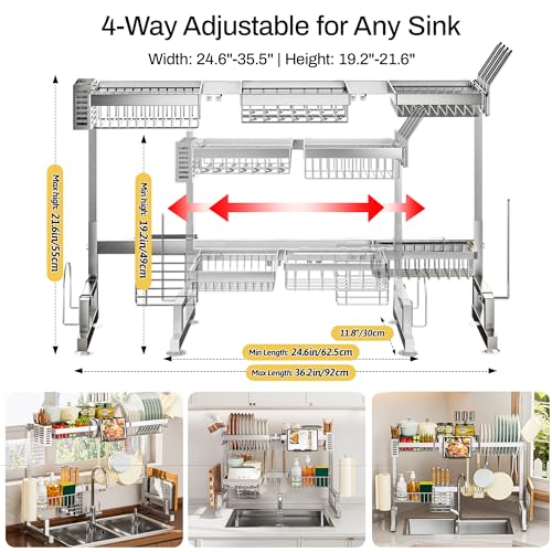Luxurious 304 Stainless Steel Over Sink Dish Drying Rack (Silver / 24.6" - 36.2"L x 11.8"W x 19.2" - 21.6"H)
