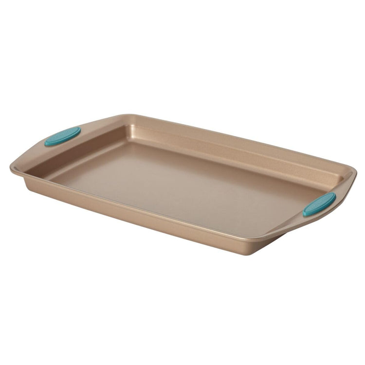 Cucina Bakeware Set Includes Nonstick Bread Baking Cookie Sheet and Cake Pans (5 Piece / Latte Brown with Agave Blue Grips)
