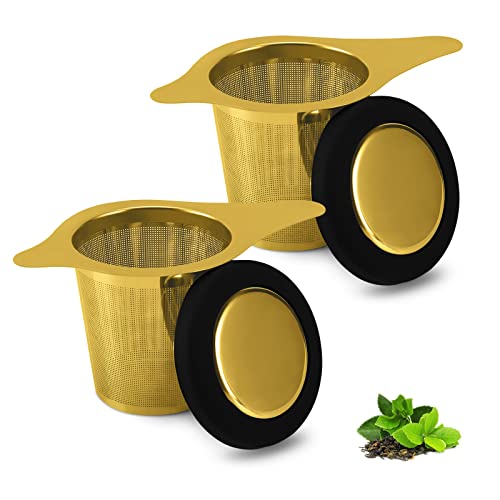 Two Pack Tea Infuser Basket Stainless Steel Tea Strainer Tea Filter With Small Strainer And Lid Tea Diffuser For Loose Tea Superior Brewing Experience (Two pack gold)