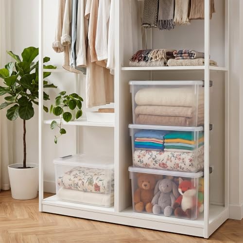 6 Packs 32 QT Plastic Storage Bins with Lids Large Stackable Storage Containers for Organizing Clear Storage Box for Garage (32 Qt - 6 Packs / Clear White)