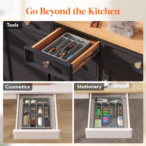 Silverware Drawer Organizer Tray (Gray / 9.1 x 12.6 inch (5 Slots))