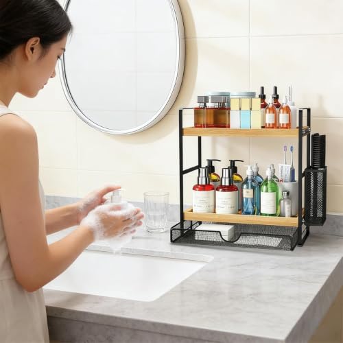 2 Tier Spice Rack Organizer for Countertop with Drawer and Basket (Brown)