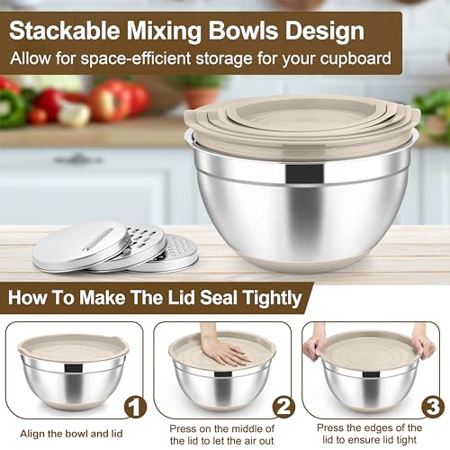Mixing Bowls Stainless Steel Salad Bowl with Lid & Graters (Khaki)