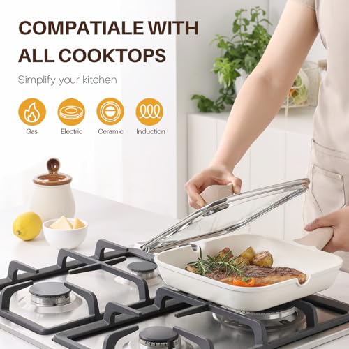 Nonstick Grilling Pan with Lid for Stove Tops (White / 9.5 Inch)