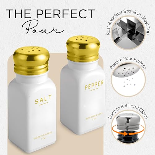 Luxury Salt and Pepper Shakers Set with Holder by Brighter Barns (White/Gold)