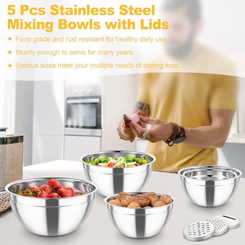 Mixing Bowls Stainless Steel Salad Serving Bowl with Clear Lids (Multicolor)