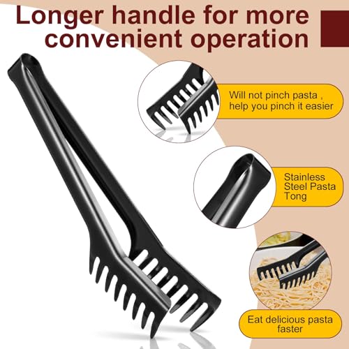 Stainless Steel Spaghetti Spoon and Pasta Tongs Set (Black)