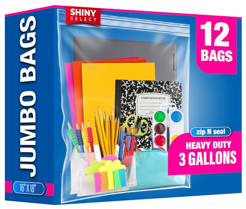 Extra Large Plastic Storage Bags With Zipper Top 3 Gallon 16" x 18" Jumbo Size Bag Heavy Duty 3 Mil Thick Clear X (12 Count)