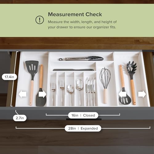 Silverware & Utensil Drawer Organizer (White Bamboo / From 16" to 28" Wide)