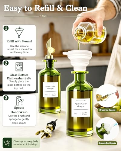 Olive Oil Dispenser Set of 2 (Dark Green Glass / Gold Spouts / 12oz/350ml (Set Of 2))