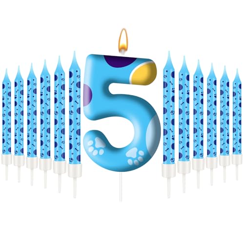 13PCS Blue Dog Paw Birthday Candles Set Cake Topper Numeral Birthday Candles for Boy Girl Dog Paw Decoration (Blue+Yellow+White / 5)