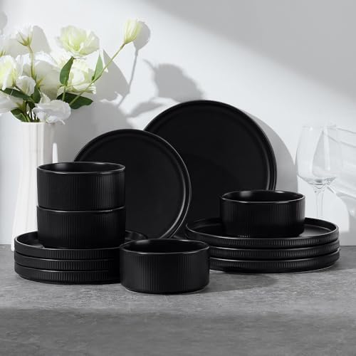 12 Piece Plates and Bowls Sets (Matte Black / 12pcs for 4)