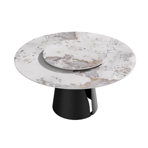 59" Modern Artificial Marble Round Dining Table with Black Carbon Steel Base & 31.5" White Sintered Stone Turntable (1 Pc 59" Table / Carbon Black)