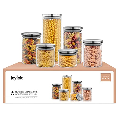 Kitchen Canister Set. 6 Glass Jars with Lids (Stainless Steel Covers)