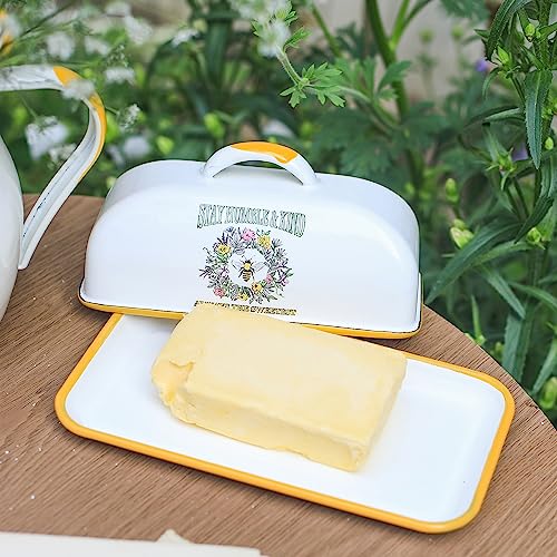 Enamel Butter Dish with Lid Vintage Enamelware Butter Keeper with Flower and Bee Patterns Farmhouse Butter holder Butter container for Kitchen Decor (YellowBee)