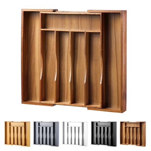 Expandable Acacia Kitchen Drawer Organizer for Cutlery and Utensils (7 Slots Expandable / Acacia)