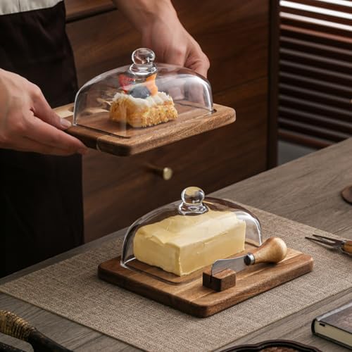 Glass & Acacia Wood Butter Dish with Airtight Glass Lid & Serving Knife (1 knife)