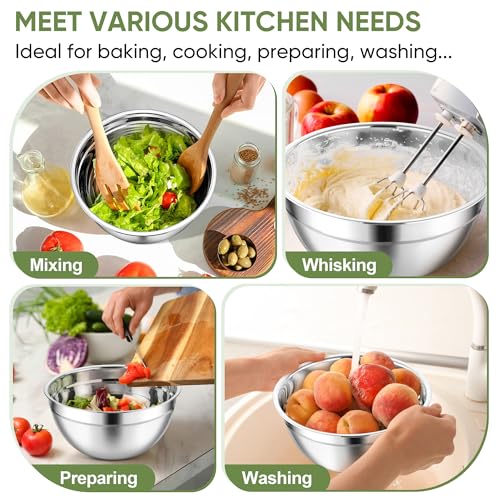 Mixing Bowls 3PCS Stainless Steel Serving Salad Bowls (Khaki / Transparent Airtight Lids)