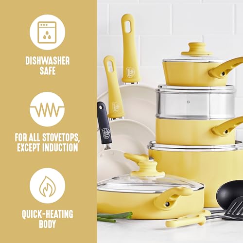 16 Piece Ceramic Nonstick Pots & Pans Cookware Set (16 Piece Cookware Set / Soft Grip / Yellow)
