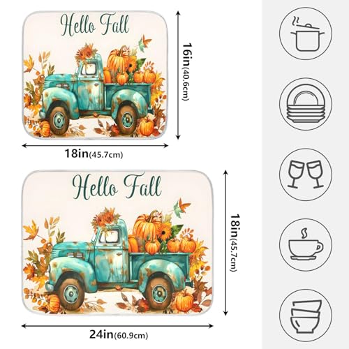 Vintage Fall Truck with Pumpkins Autumn Leaves Dish Drying Mat for Kitchen Counter Absorbent Microfiber Small Drying Pad Dish Mats for Kitchen Countertops 16 x 18 Inch (18" x 16")