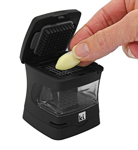 Garlic-A-Peel Garlic Press, Crusher, Cutter, Mincer, and Storage Container - Includes Silicone Garlic Peeler - Easy to Clean - Stainless Steel Blades – (Black), standard (3 x 3 x 2.8 / Black)