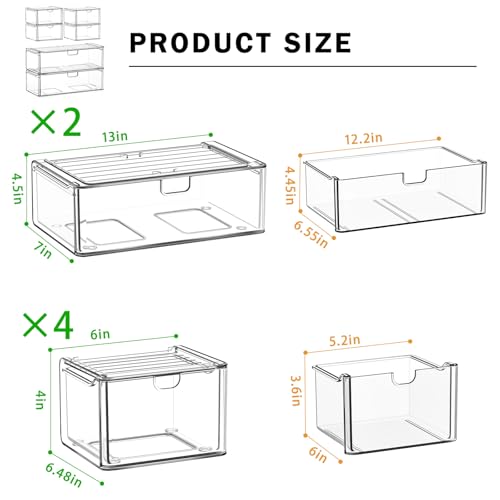6 Pack Acrylic Stackable Storage Drawers for Vanity (4 Small+2 Wide)