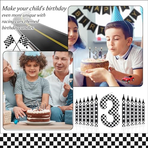 13 Pcs Racing Cars Themed Birthday Candles Black and White Race Number 3 Checkered Candle Cake Topper for Racing Car Party Decoration Supplies (Black+White / 3)