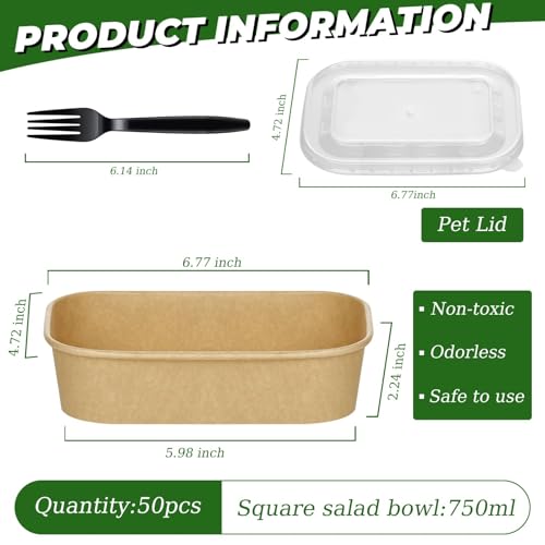 50 Disposable Salad Container for Lunch 25oz Paper Bowls with Lids & Forks (25oz 50 Count / kraft Paper Rectangular)