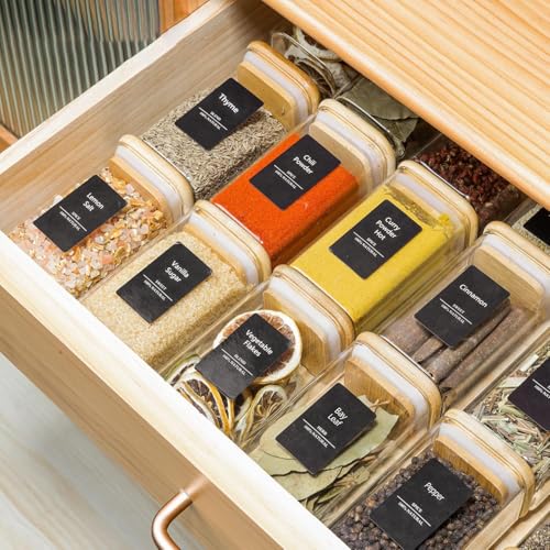 Square Glass Spice Jars with Labels 8 oz 12 Pack with Bamboo Lids (8 fl oz x 12 - Square)