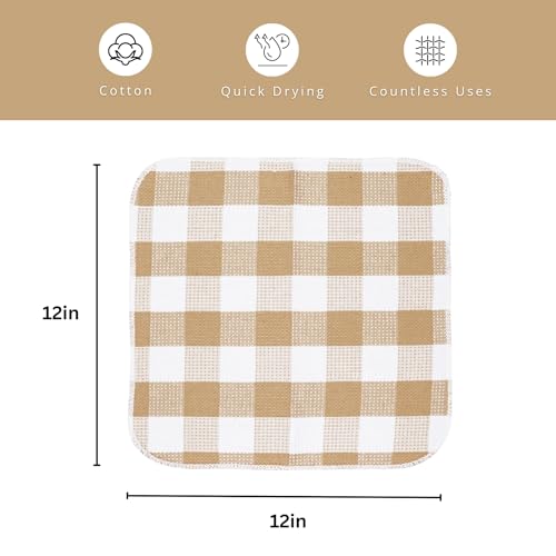 Waffle Weave Plaid Dish Cloth (12 x 12 - 6 Pack / Beige White)