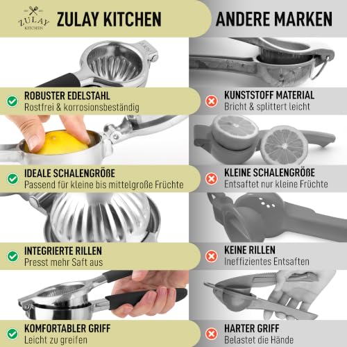 Zulay Lemon Squeezer Stainless Steel with Premium Heavy Duty Solid Metal Squeezer Bowl (Black Grip / Large)