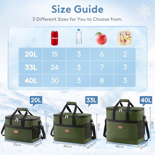 Cooler Bag 30 Cans Collapsible and Insulated Large Lunch Bag Leakproof Soft Cooler Portable for Camping (30-Can(20L) / Green)
