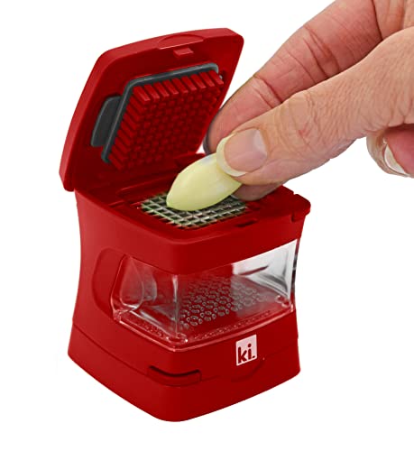 Garlic-A-Peel Garlic Press, Crusher, Cutter, Mincer, and Storage Container - Includes Silicone Garlic Peeler - Easy to Clean - Stainless Steel Blades – (Red), standard (2.5 x 2.5 x 2.8 / Red)