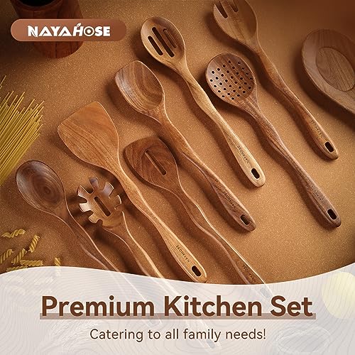 Kitchen 10PCS Teak Wooden Utensils Set With Holder and Spoon Rest (10 Pcs Spoons with Utensils Holder)